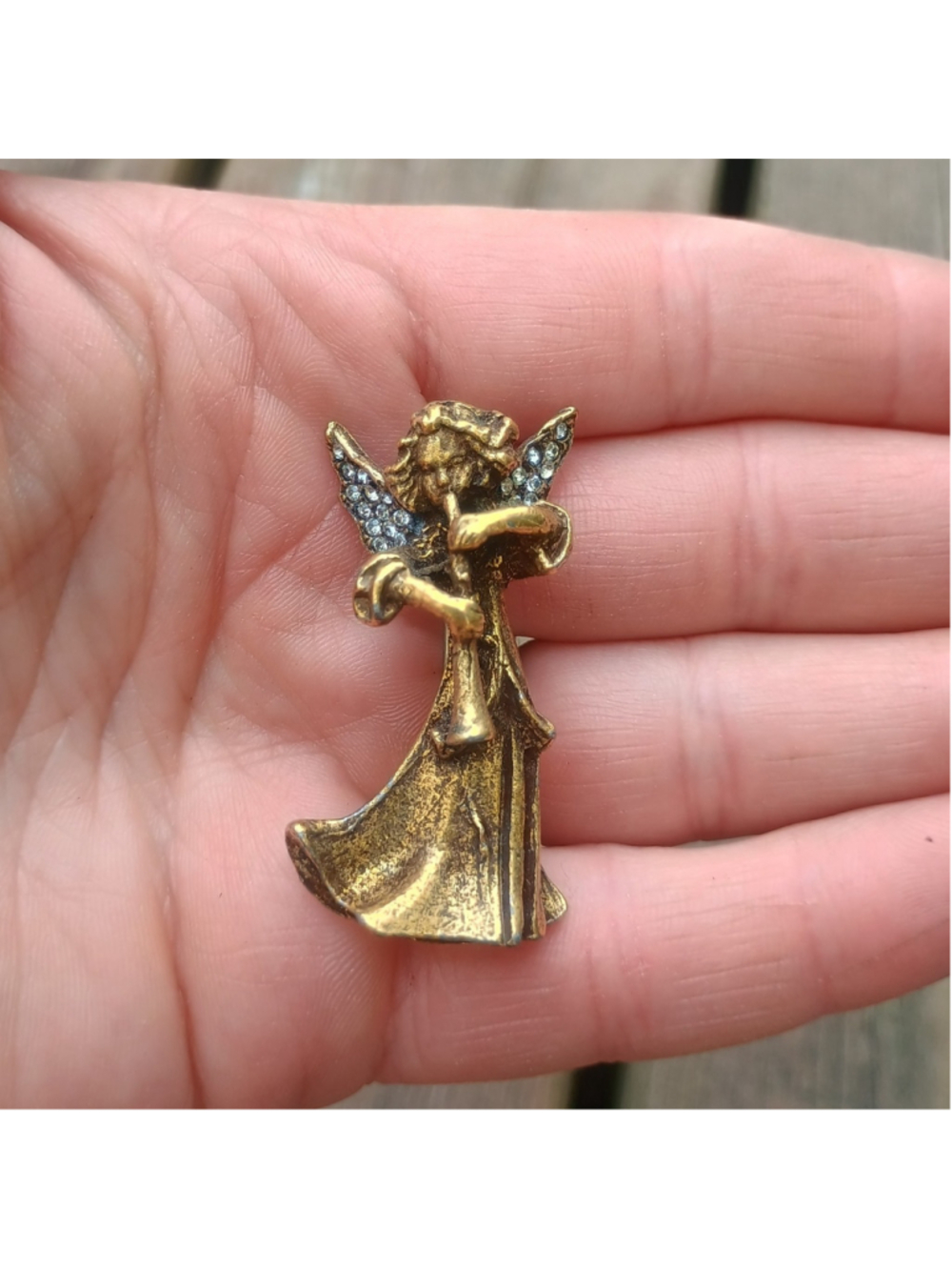 Vintage Signed DeNicola Antiqued Gold Tone White Rhinestone Angel With Horn Pin
